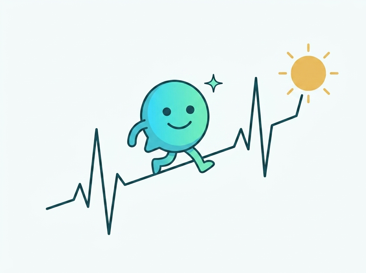 The True Health mascot running up a heartbeat line toward a rising sun